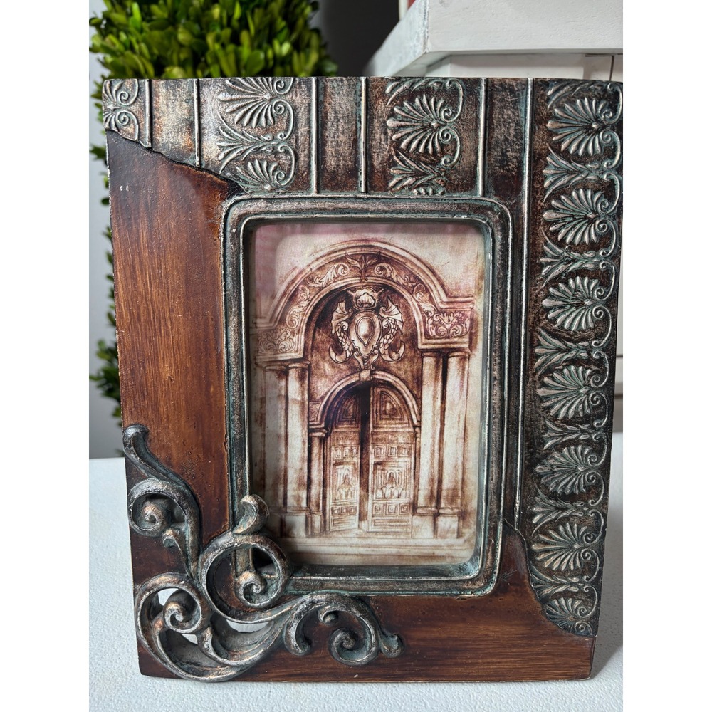 Ornate Heavy Picture Frame 4x6 Brown Silver Baroque Tabletop Scroll